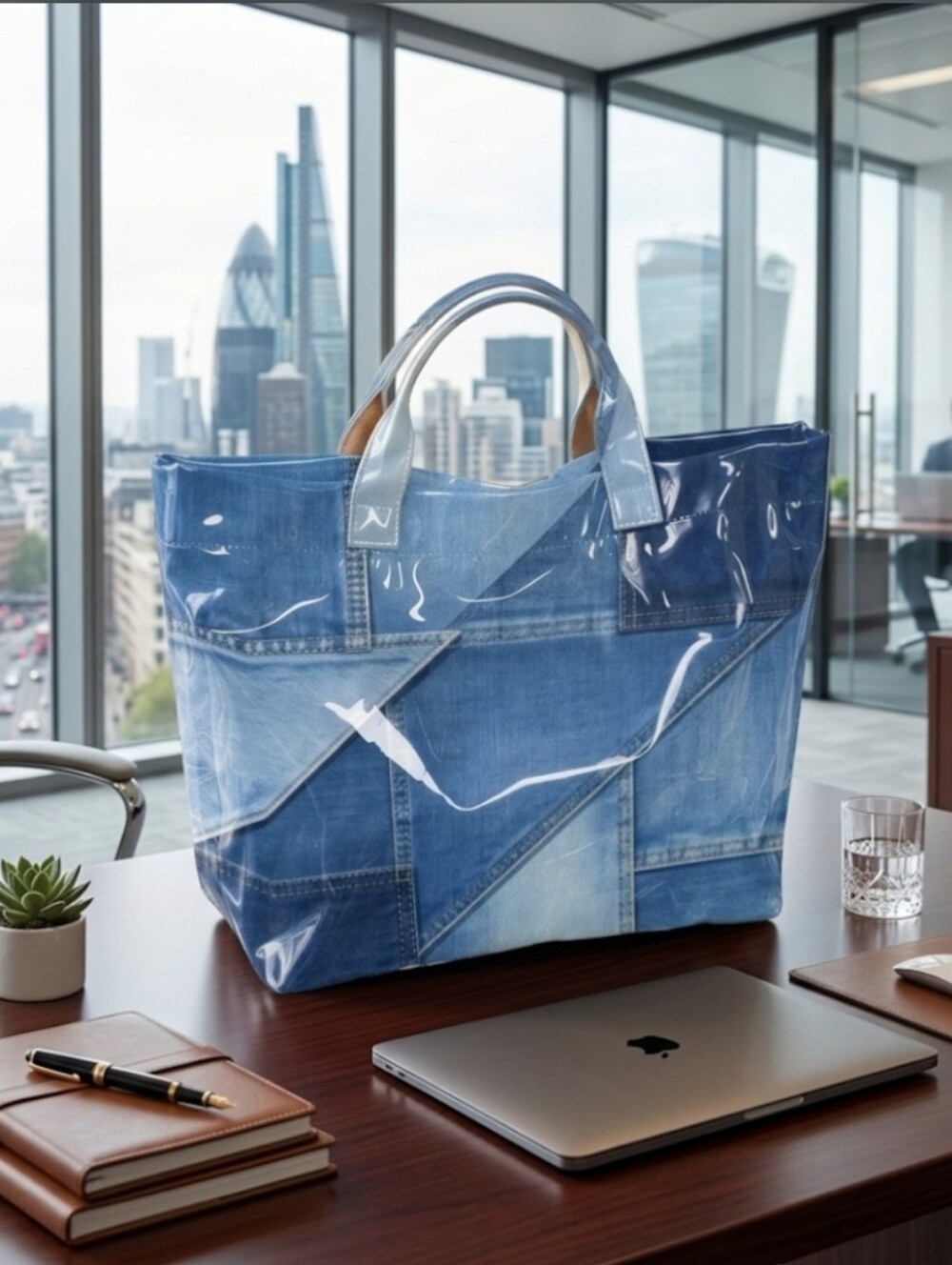 Women Denim Glossy Print PVC Tote Hand Bag Large